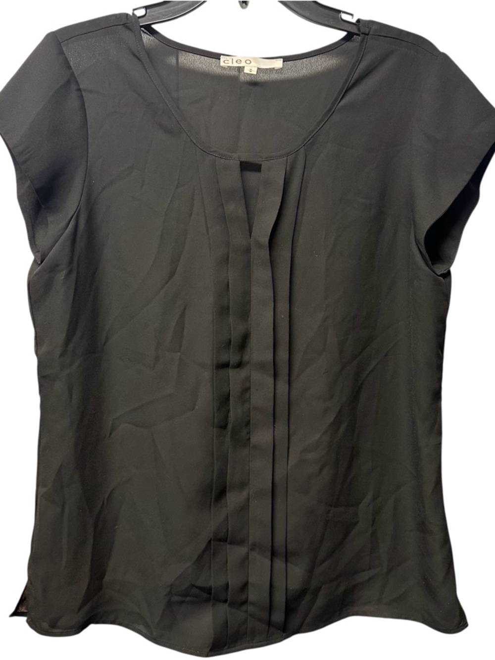 Cleo Black Cap Sleeve Pleated Front Blouse M